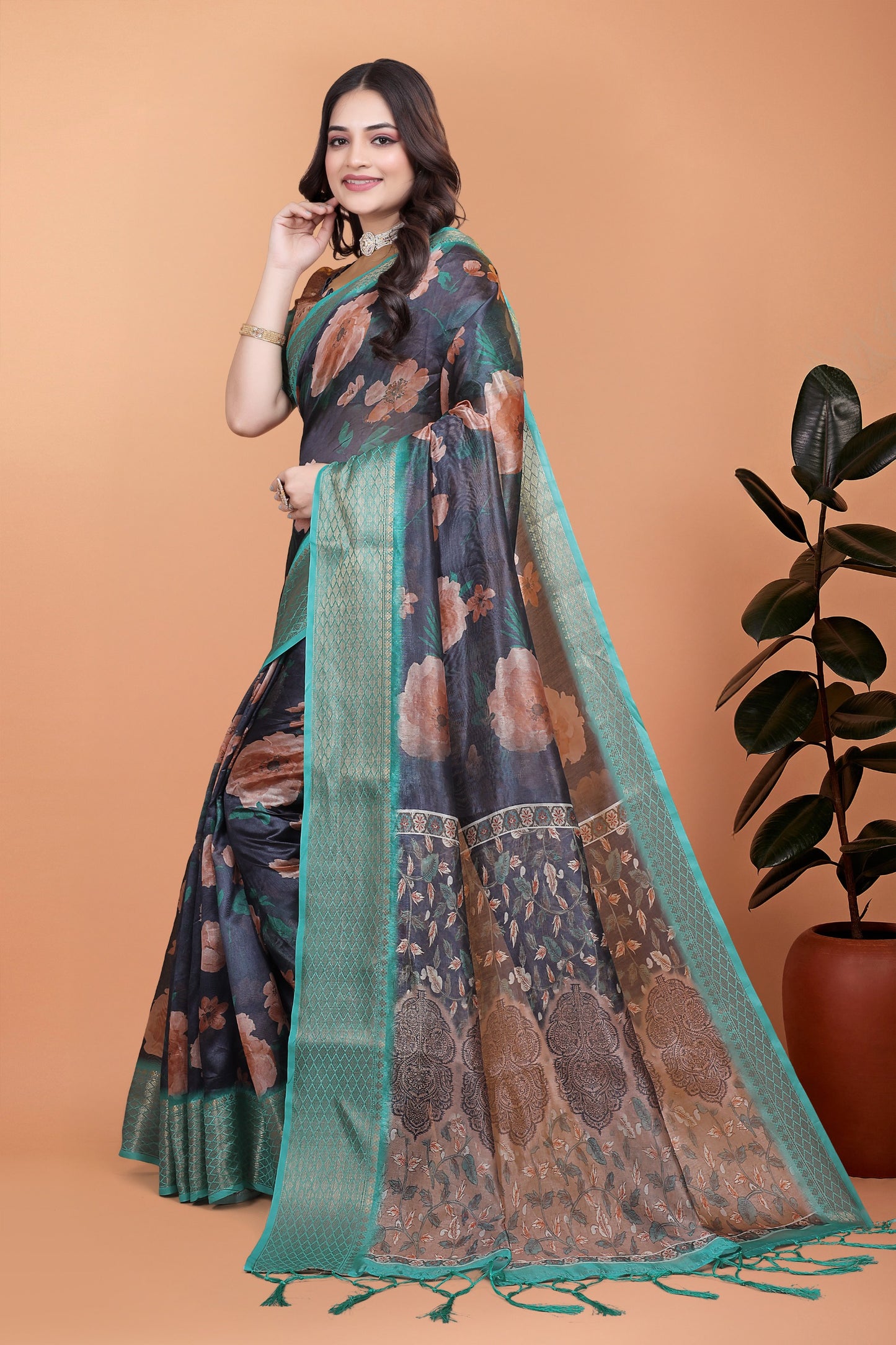 Midnight Blue Soft Silk Saree with Peach Floral Print & Aqua Zari Border