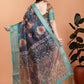 Midnight Blue Soft Silk Saree with Peach Floral Print & Aqua Zari Border