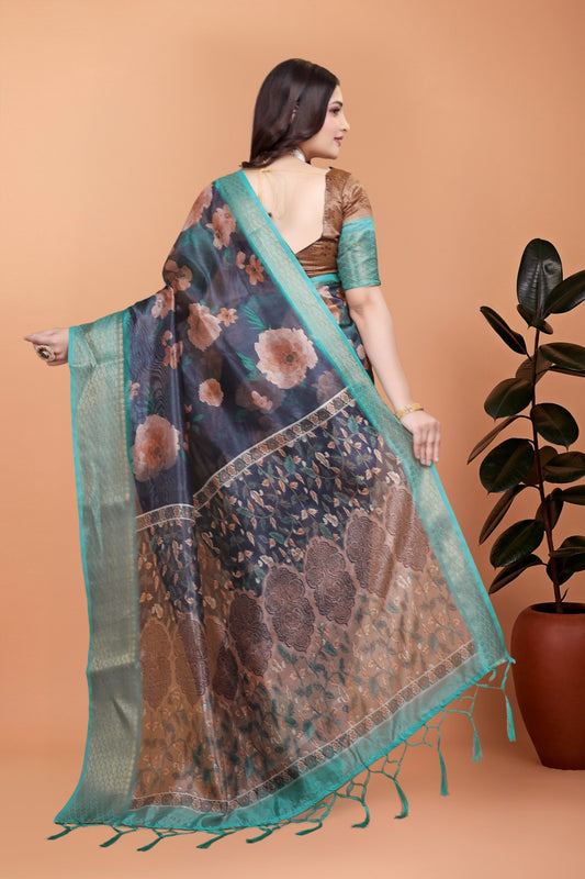 Midnight Blue Soft Silk Saree with Peach Floral Print & Aqua Zari Border