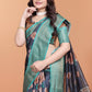 Midnight Blue Soft Silk Saree with Peach Floral Print & Aqua Zari Border