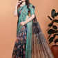 Midnight Blue Soft Silk Saree with Peach Floral Print & Aqua Zari Border