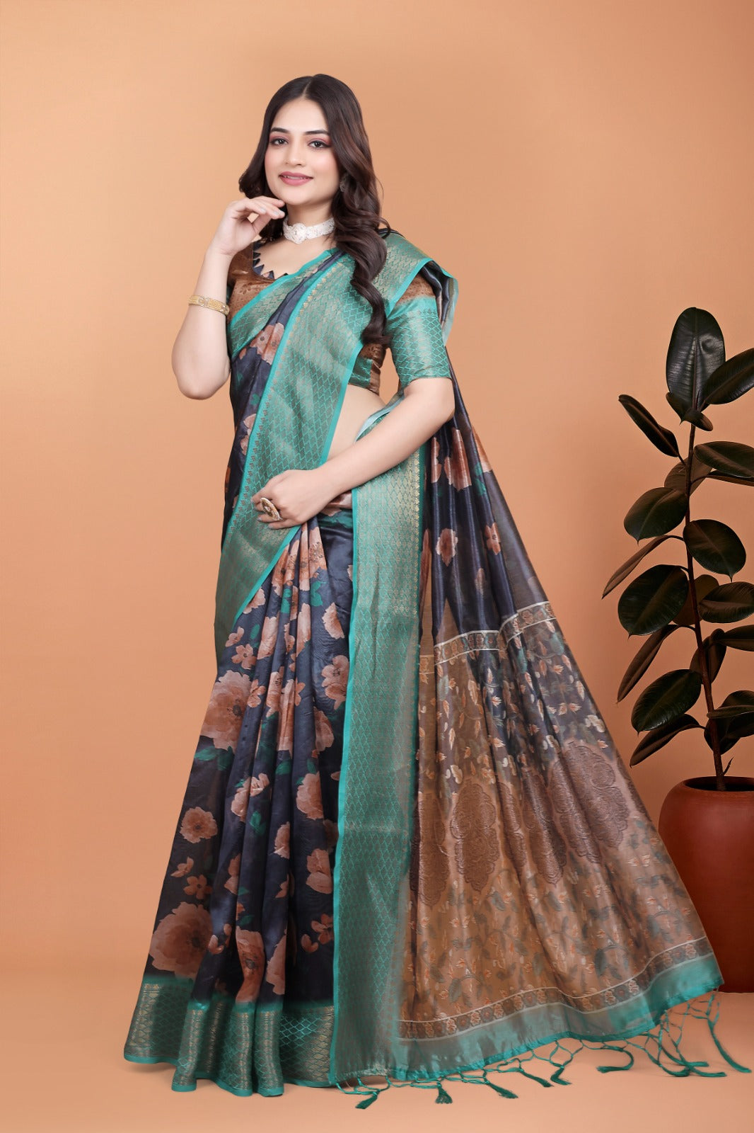 Midnight Blue Soft Silk Saree with Peach Floral Print & Aqua Zari Border