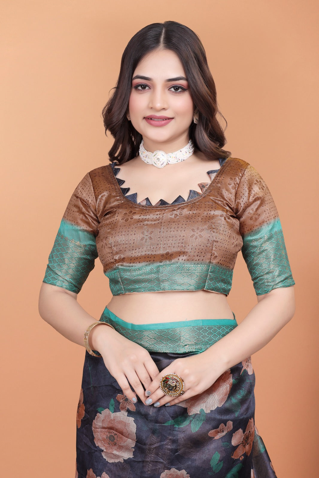 Midnight Blue Soft Silk Saree with Peach Floral Print & Aqua Zari Border