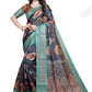Midnight Blue Soft Silk Saree with Peach Floral Print & Aqua Zari Border