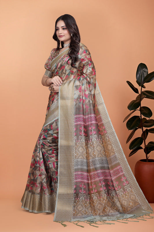 : Golden Beige Soft Silk Saree with Geometric Weave & Pink Ornamental Pallu