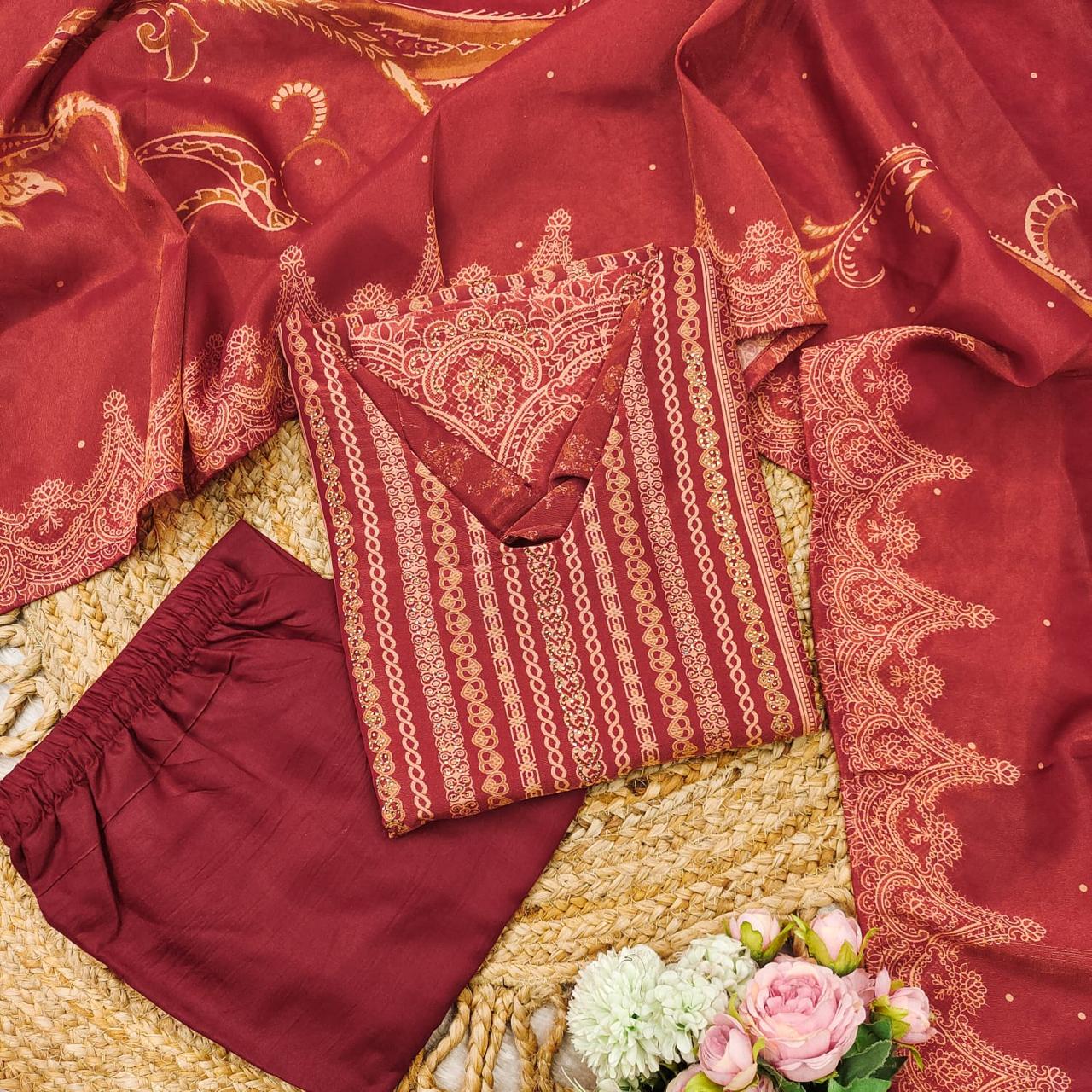 The showcases a beautiful and elegant Indian ethnic wear set. The combination of gold accents creates a sophisticated and timeless look