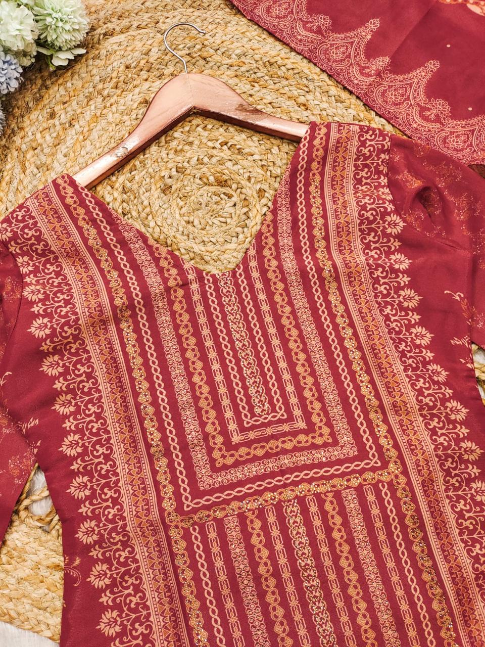 The showcases a beautiful and elegant Indian ethnic wear set. The combination of gold accents creates a sophisticated and timeless look