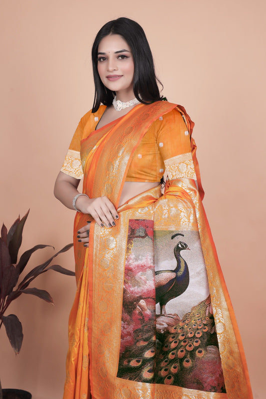 Radiant Orange Silk Saree with Peacock Pallu