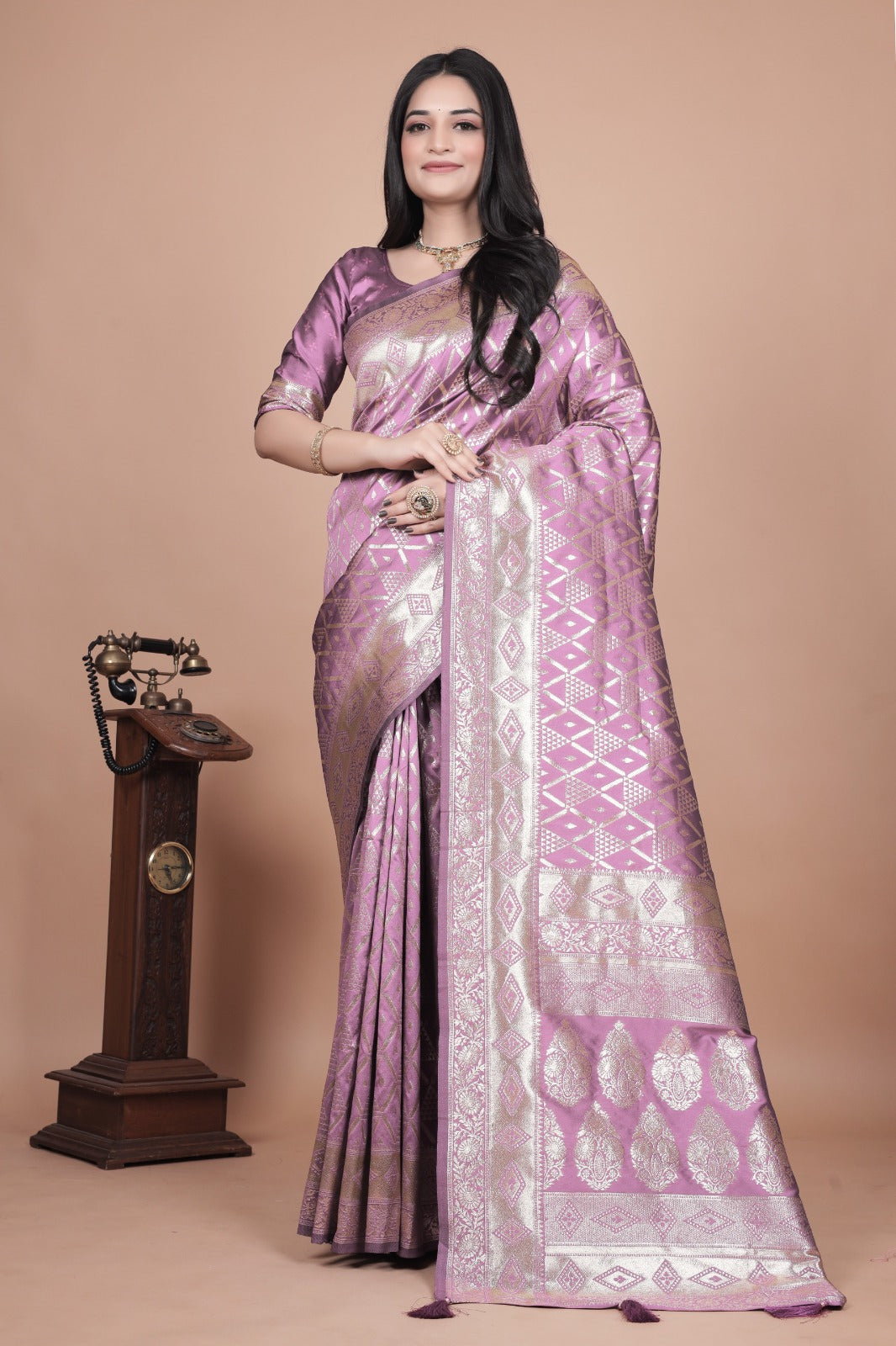 Lavender Banarasi Silk Saree with Silver Zari Geometric and Floral Design