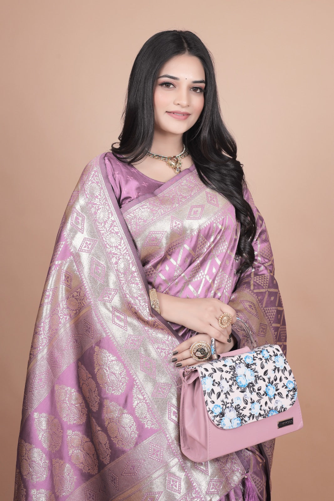 Lavender Banarasi Silk Saree with Silver Zari Geometric and Floral Design