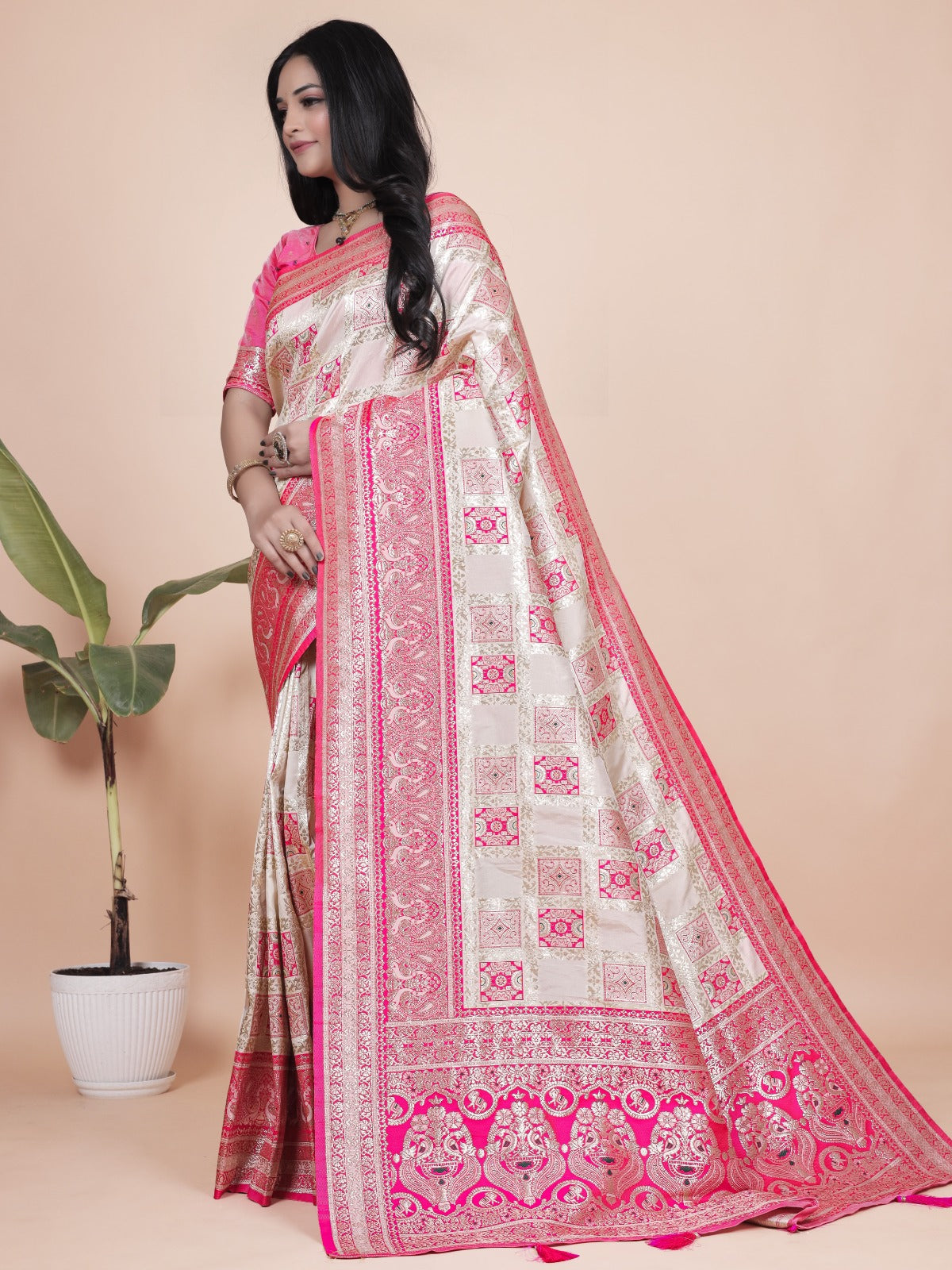 Cream and Pink Banarasi Silk Saree with Rich Silver Zari Weaving