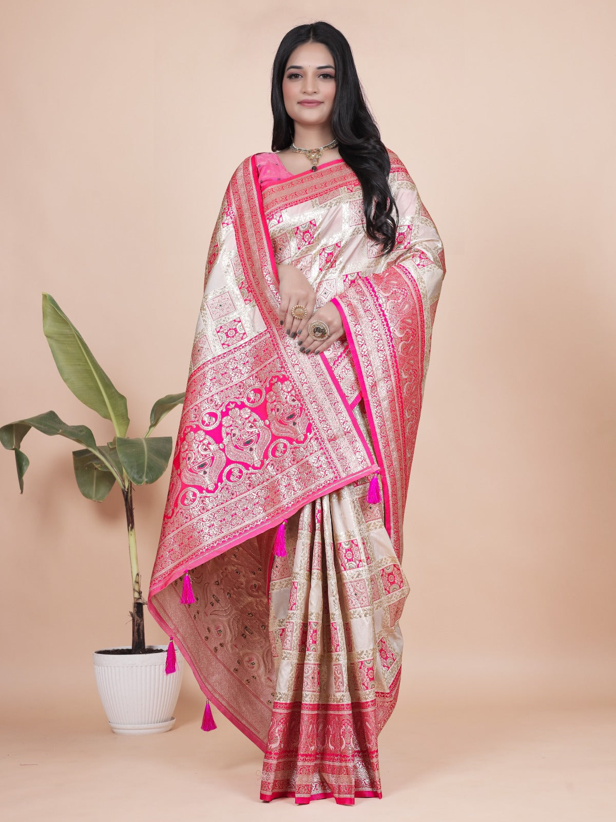 Cream and Pink Banarasi Silk Saree with Rich Silver Zari Weaving