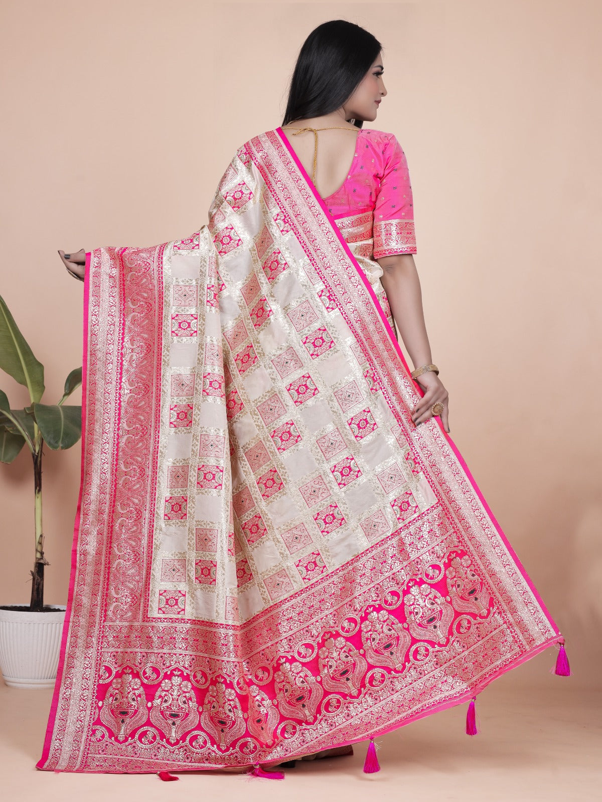 Cream and Pink Banarasi Silk Saree with Rich Silver Zari Weaving