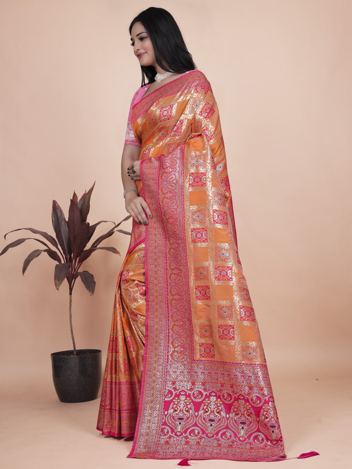 Orange and Pink Banarasi Silk Saree with Silver Zari Work