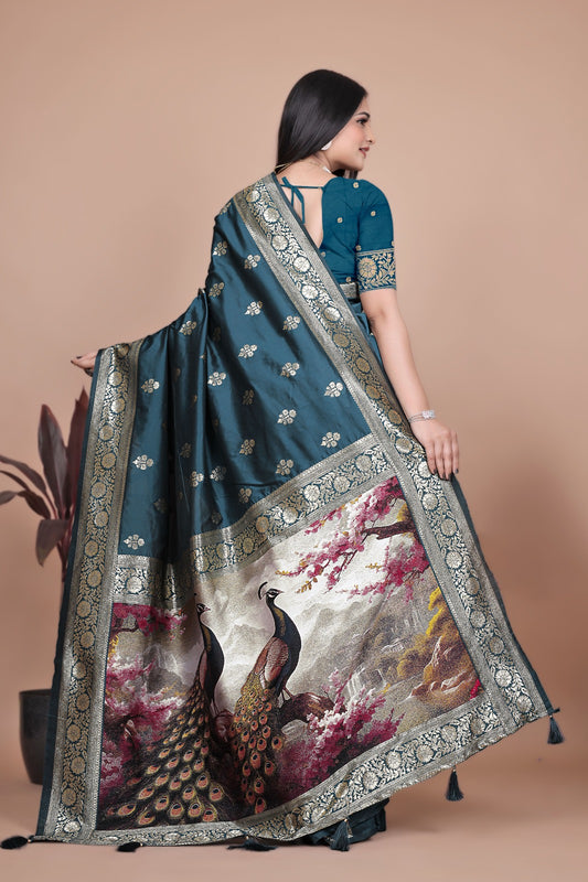 Teal Banarasi Silk Saree with Majestic Peacock Pallu