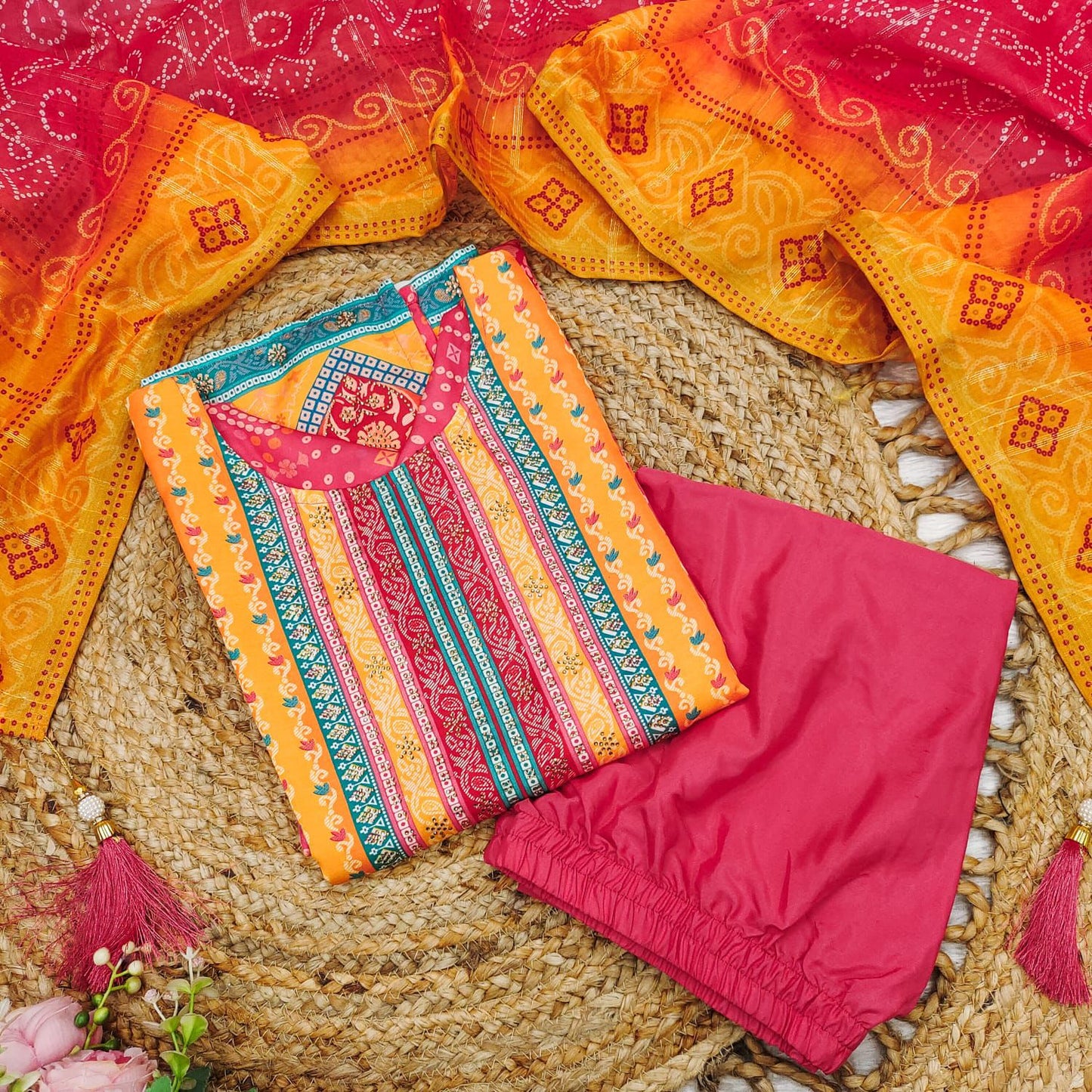 Best Multicoloured bandhni print with Stone work and Dupatta