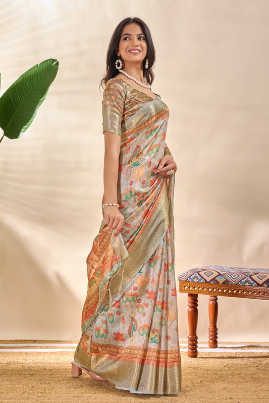 Royal Soft Silk Saree with Zari Border & Lotus Peacock Print