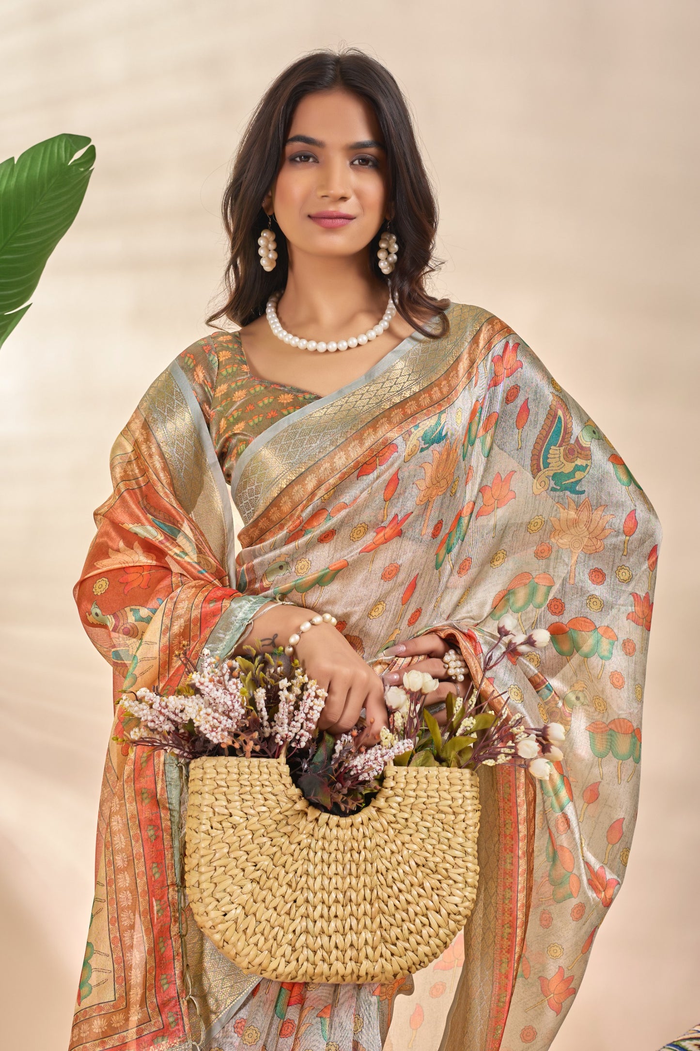 Royal Soft Silk Saree with Zari Border & Lotus Peacock Print