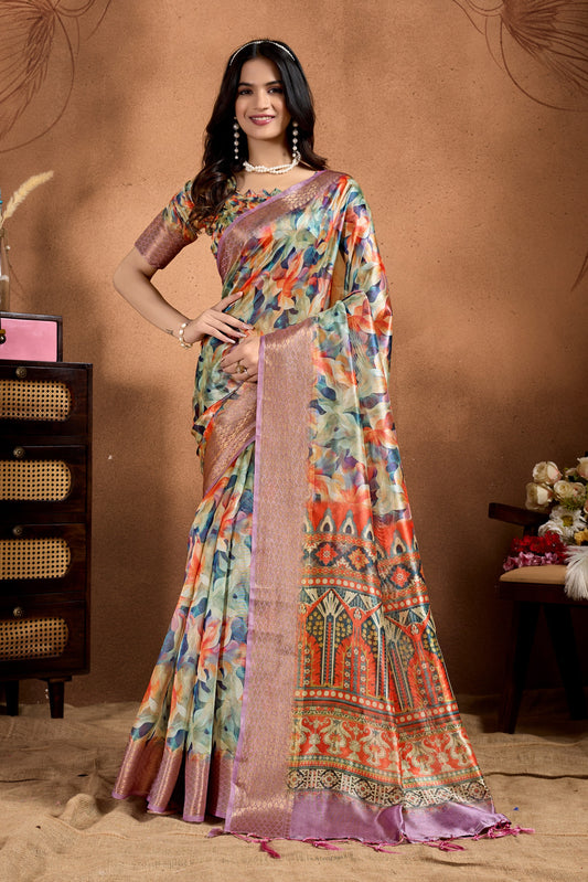 Multicolor Soft Silk Saree with Ethnic Motif Pallu & Zari Border