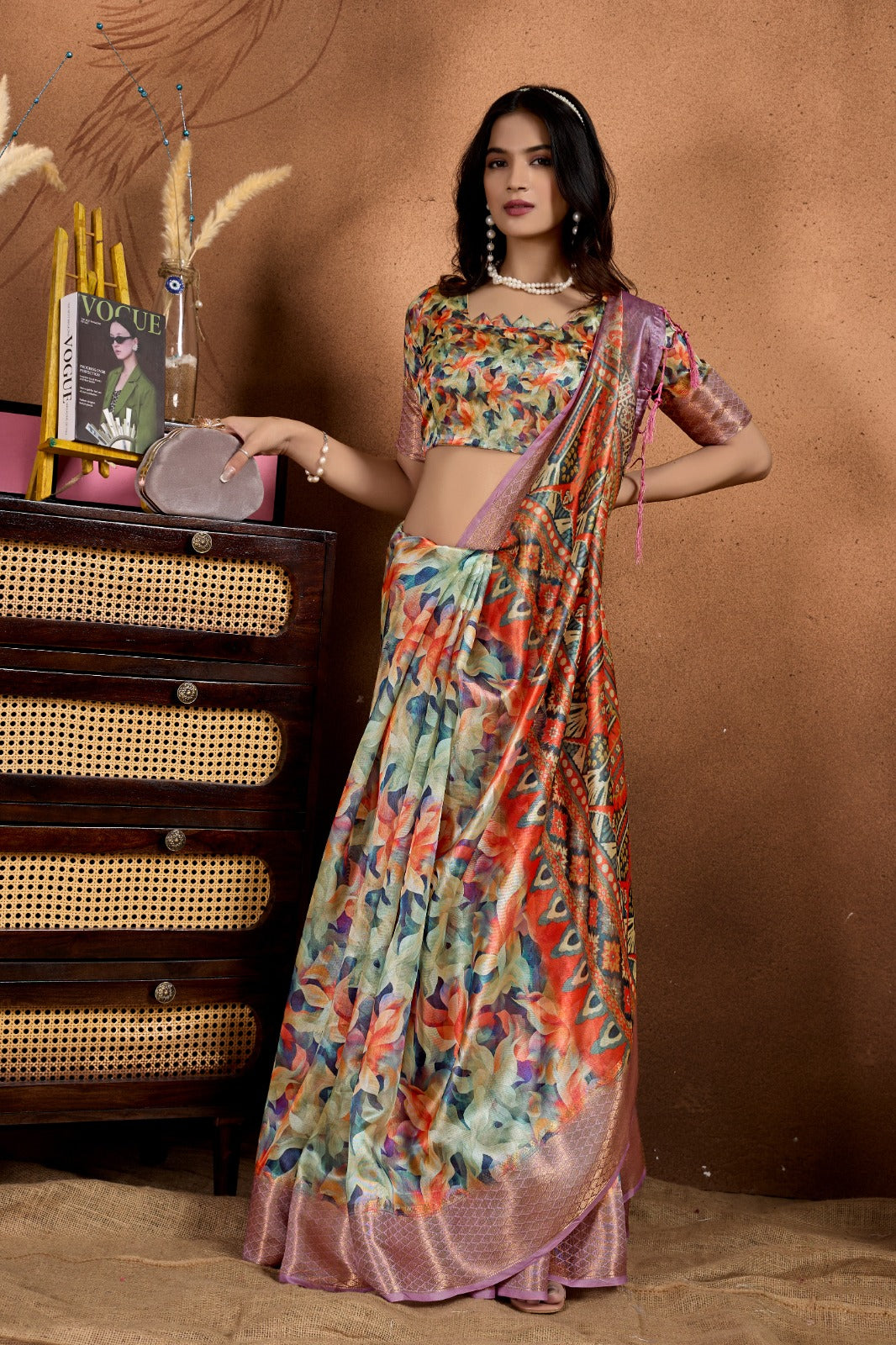 Multicolor Soft Silk Saree with Ethnic Motif Pallu & Zari Border