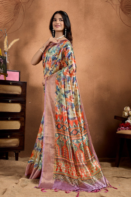 Multicolor Soft Silk Saree with Ethnic Motif Pallu & Zari Border