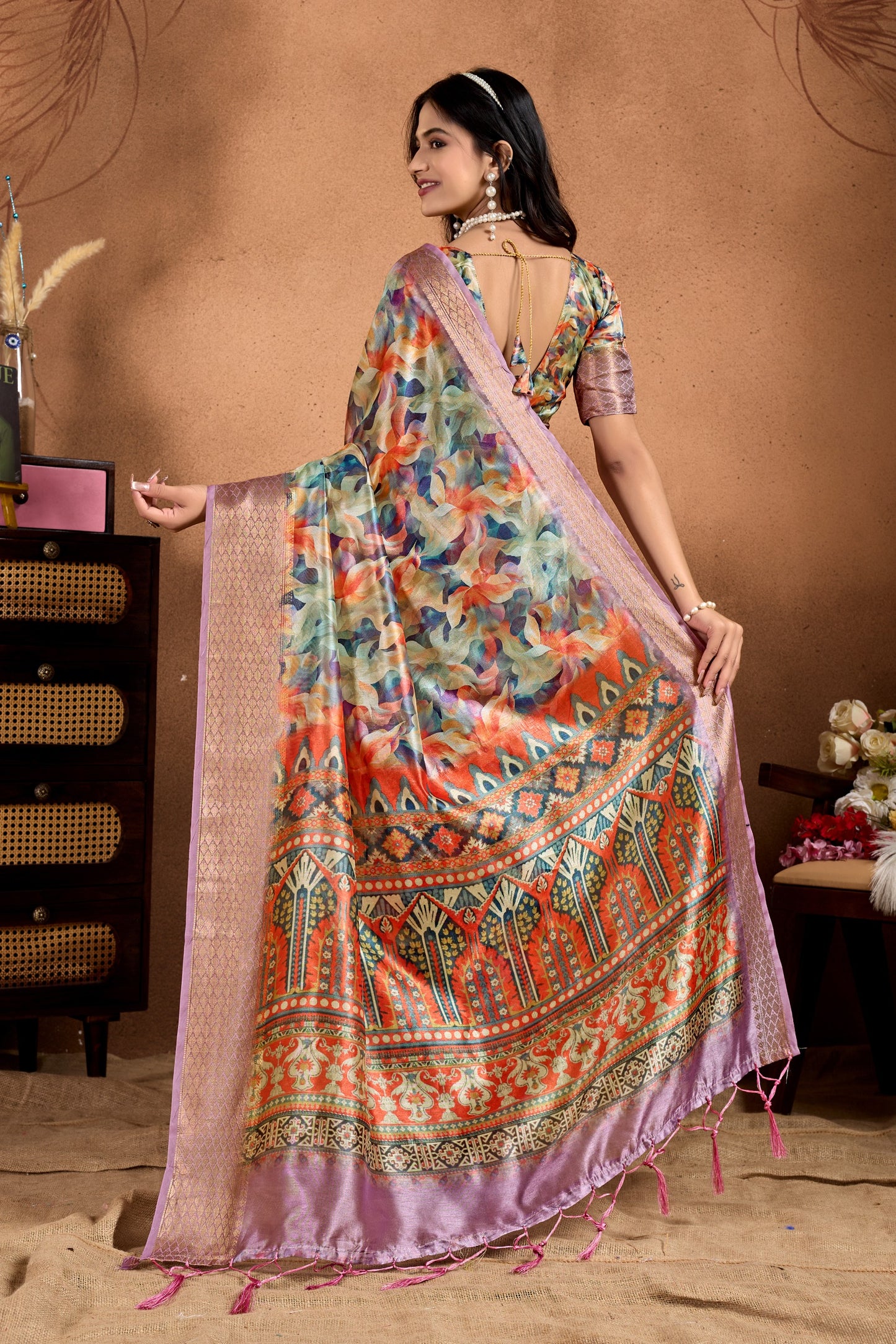 Multicolor Soft Silk Saree with Ethnic Motif Pallu & Zari Border