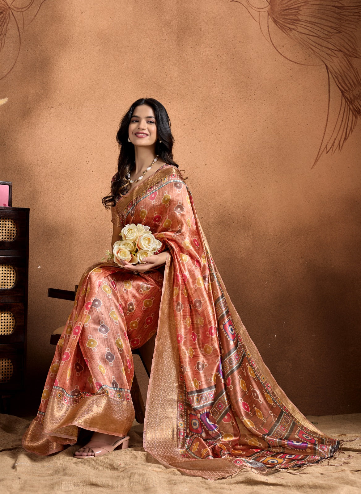 Rose Soft Silk Saree with Geometric Patola-Inspired Pallu & Zari Border