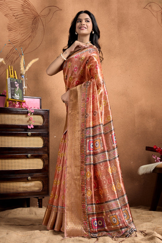 Rose Soft Silk Saree with Geometric Patola-Inspired Pallu & Zari Border
