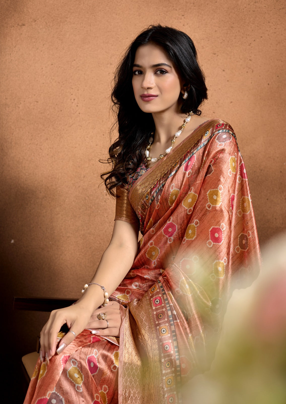 Rose Soft Silk Saree with Geometric Patola-Inspired Pallu & Zari Border