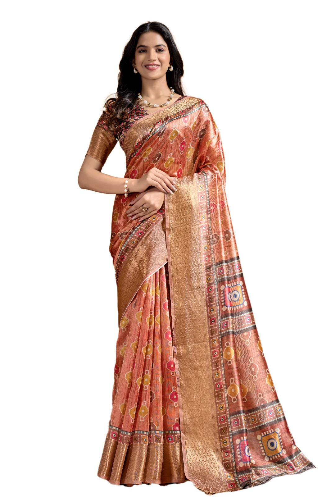 Rose Soft Silk Saree with Geometric Patola-Inspired Pallu & Zari Border