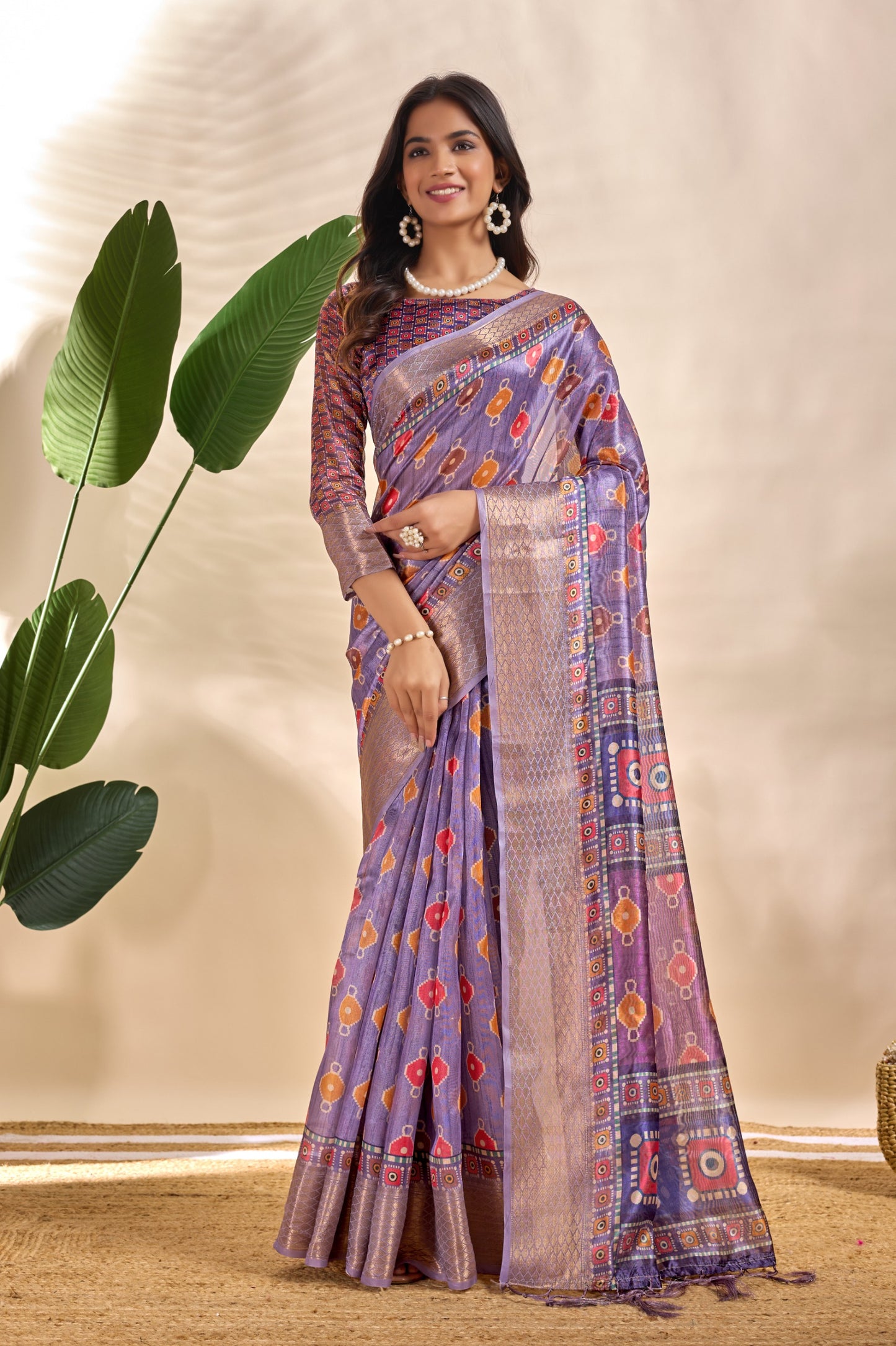 Patola-Inspired Purple Soft Silk Saree with Geometric & Floral Motifs