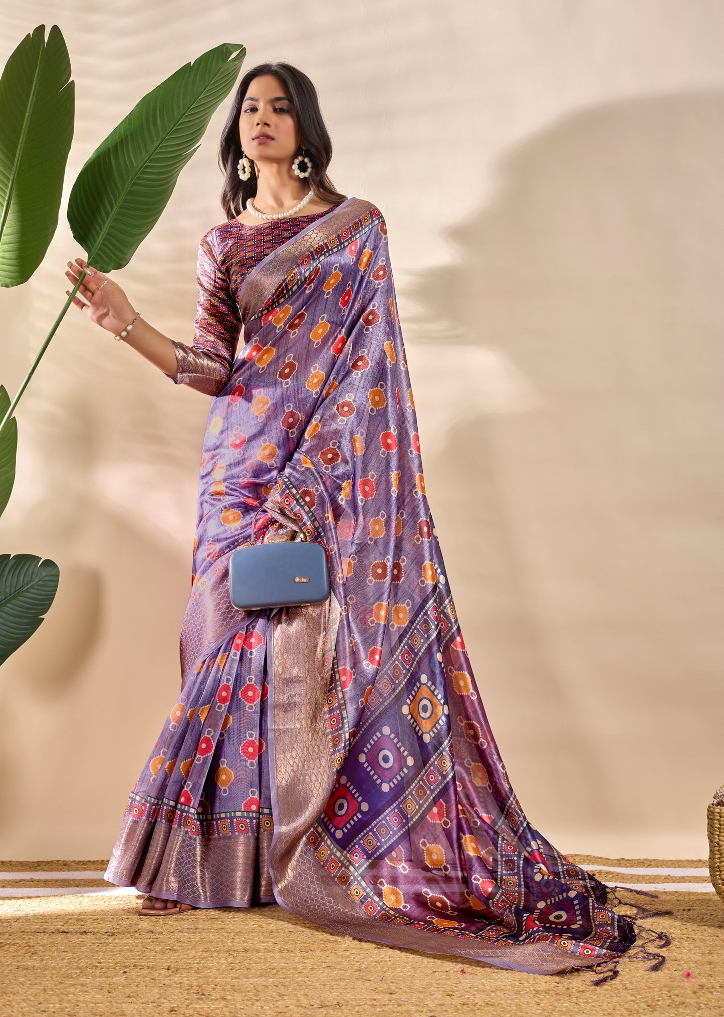 Patola-Inspired Purple Soft Silk Saree with Geometric & Floral Motifs