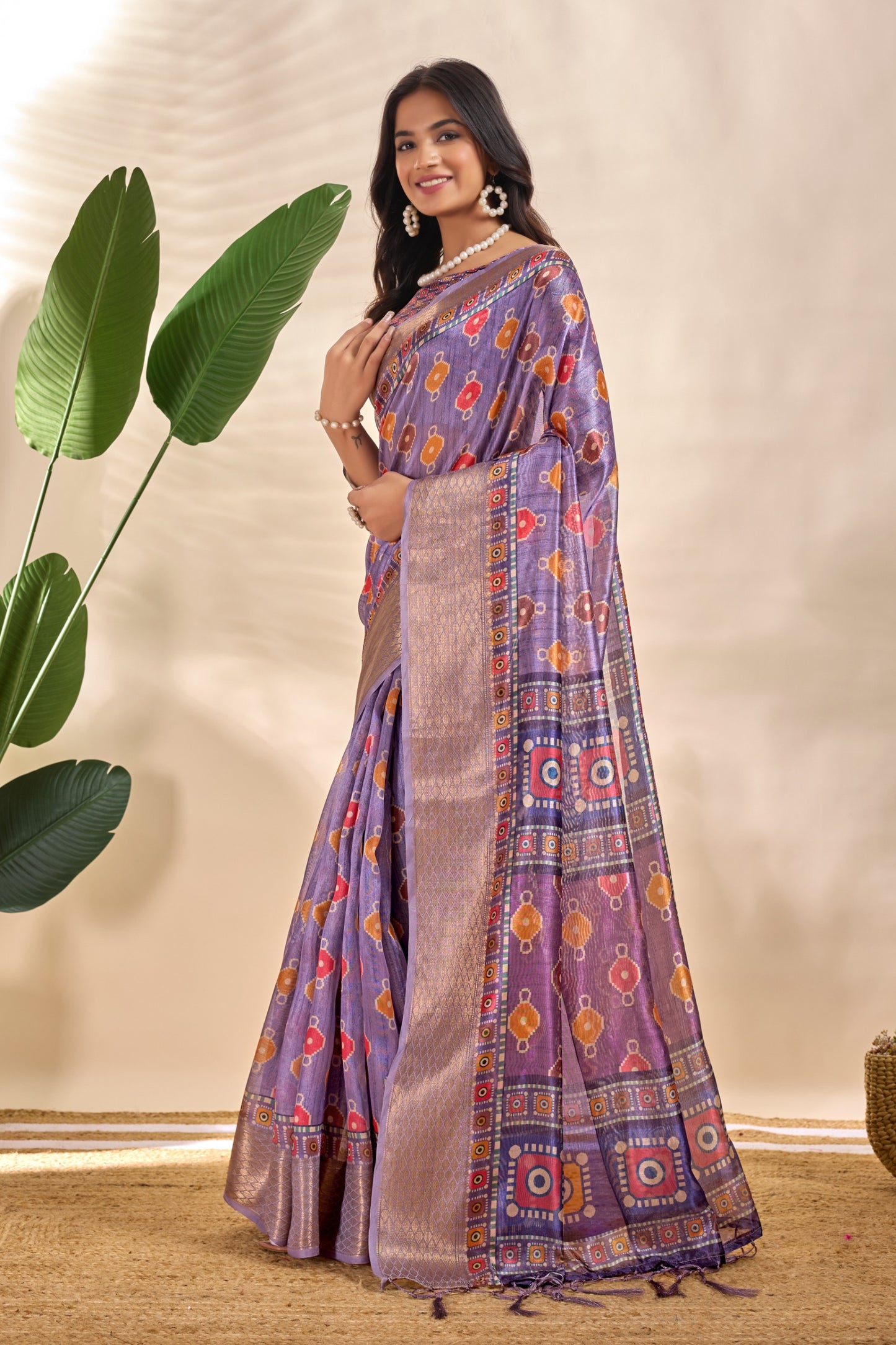 Patola-Inspired Purple Soft Silk Saree with Geometric & Floral Motifs