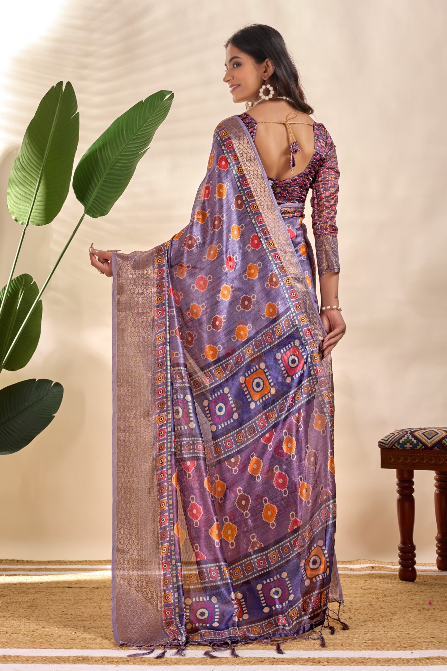 Patola-Inspired Purple Soft Silk Saree with Geometric & Floral Motifs