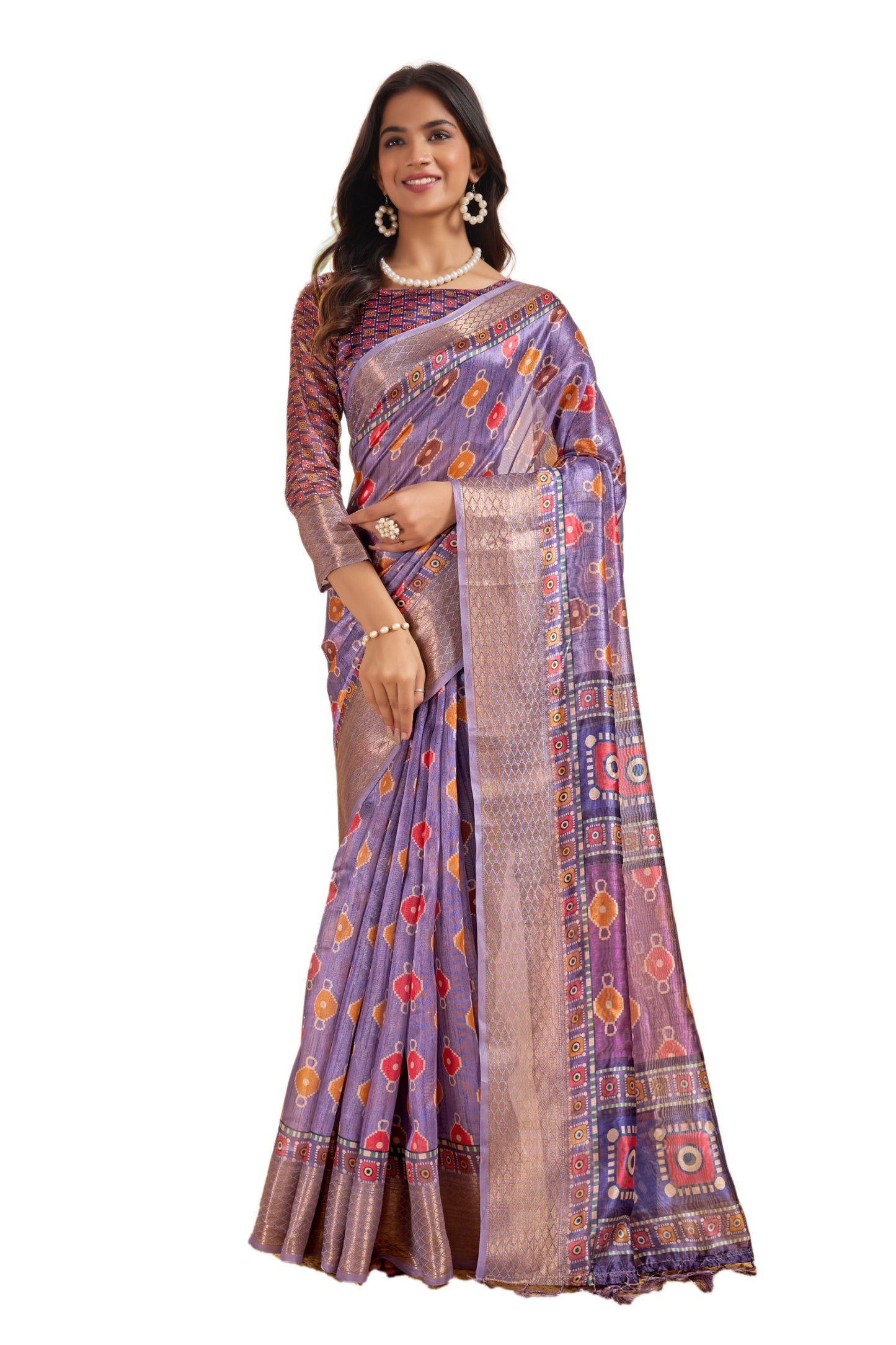 Patola-Inspired Purple Soft Silk Saree with Geometric & Floral Motifs