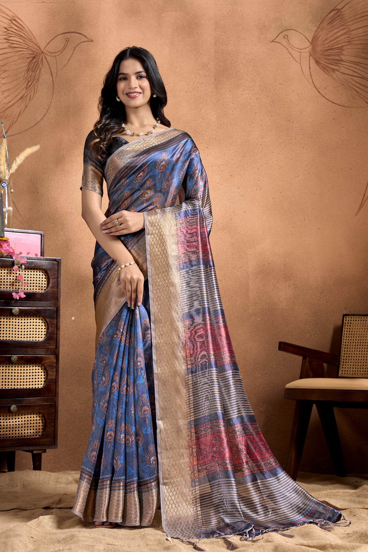 Peacock Motif Soft Silk Saree with Antique Zari Border