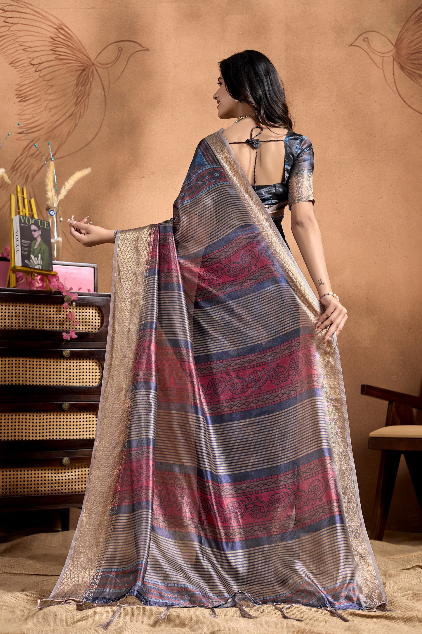 Peacock Motif Soft Silk Saree with Antique Zari Border