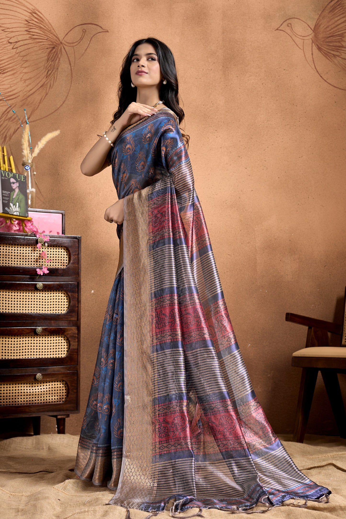 Peacock Motif Soft Silk Saree with Antique Zari Border