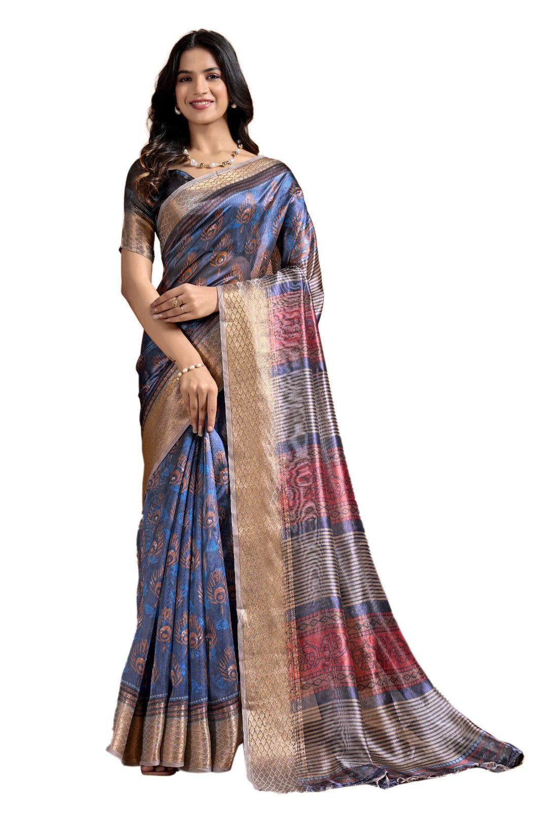 Peacock Motif Soft Silk Saree with Antique Zari Border