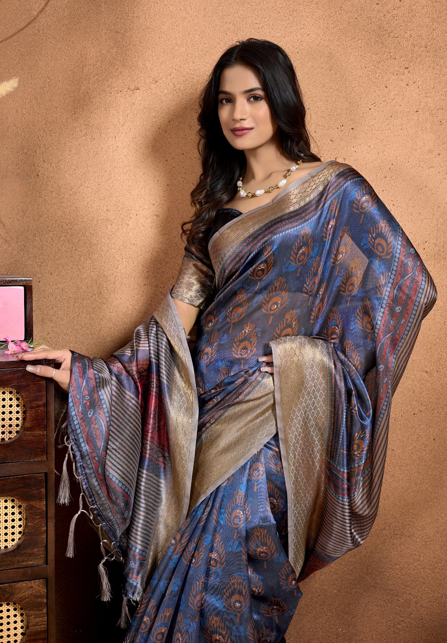 Peacock Motif Soft Silk Saree with Antique Zari Border