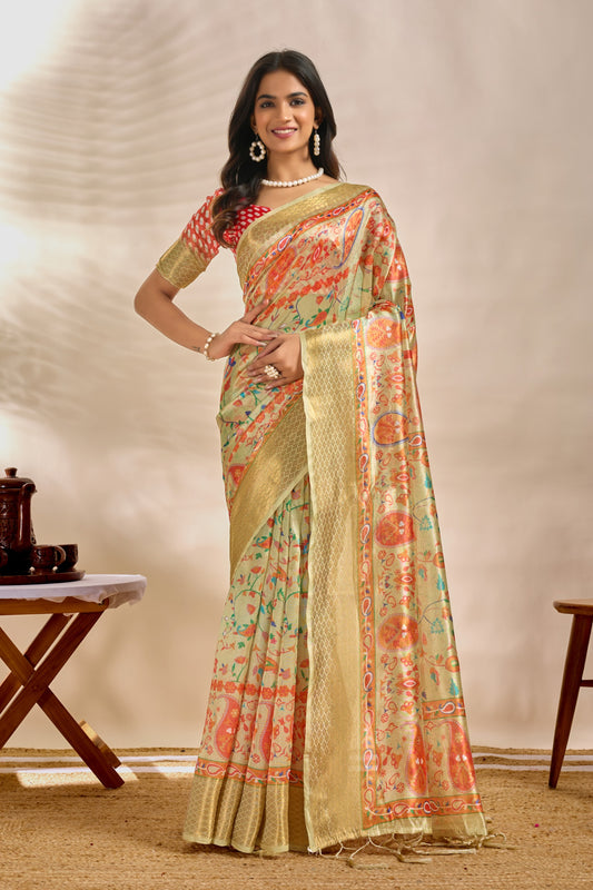 Soft Silk Saree with Traditional Paisley Floral Print and Zari Border