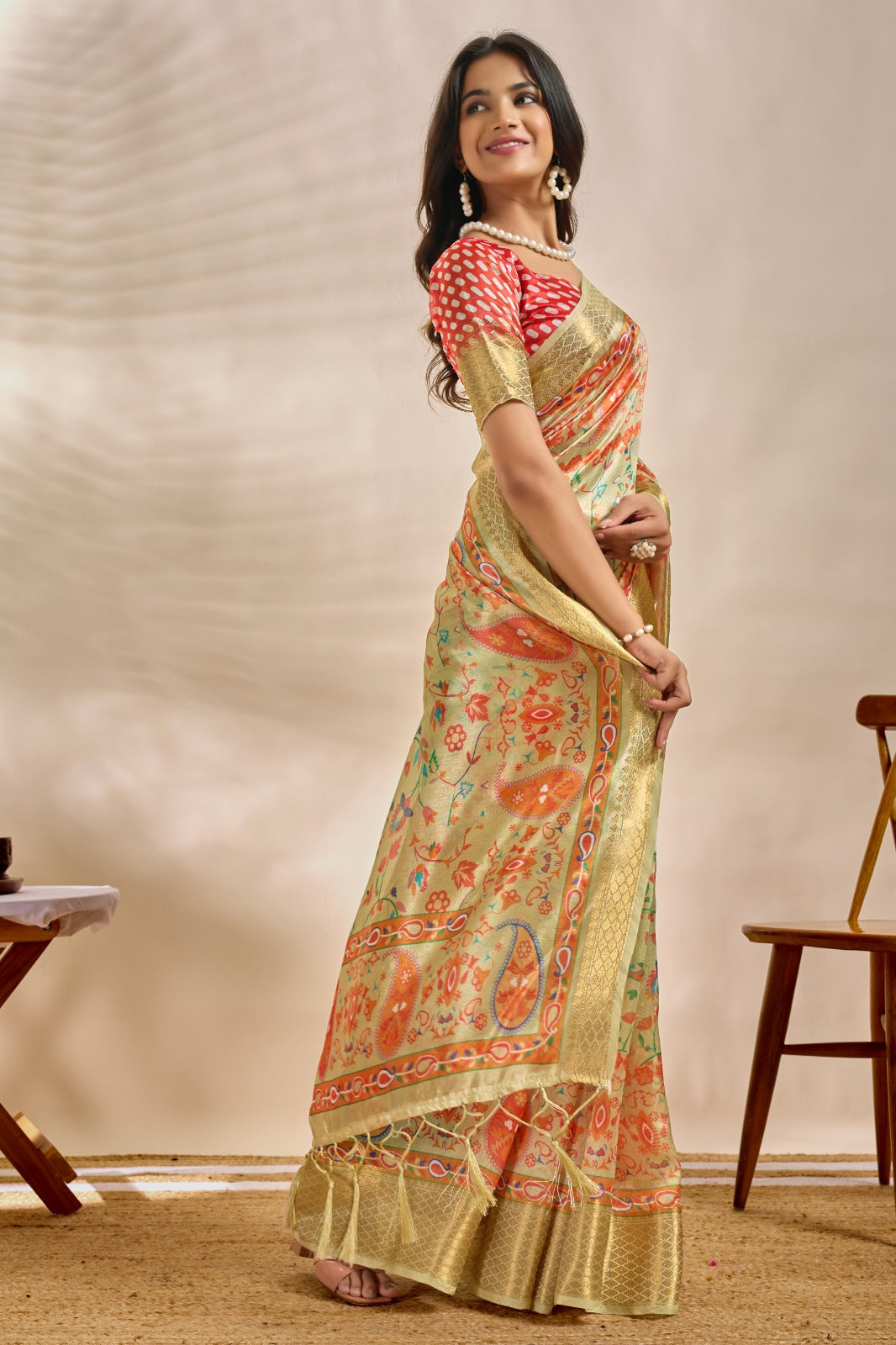 Soft Silk Saree with Traditional Paisley Floral Print and Zari Border