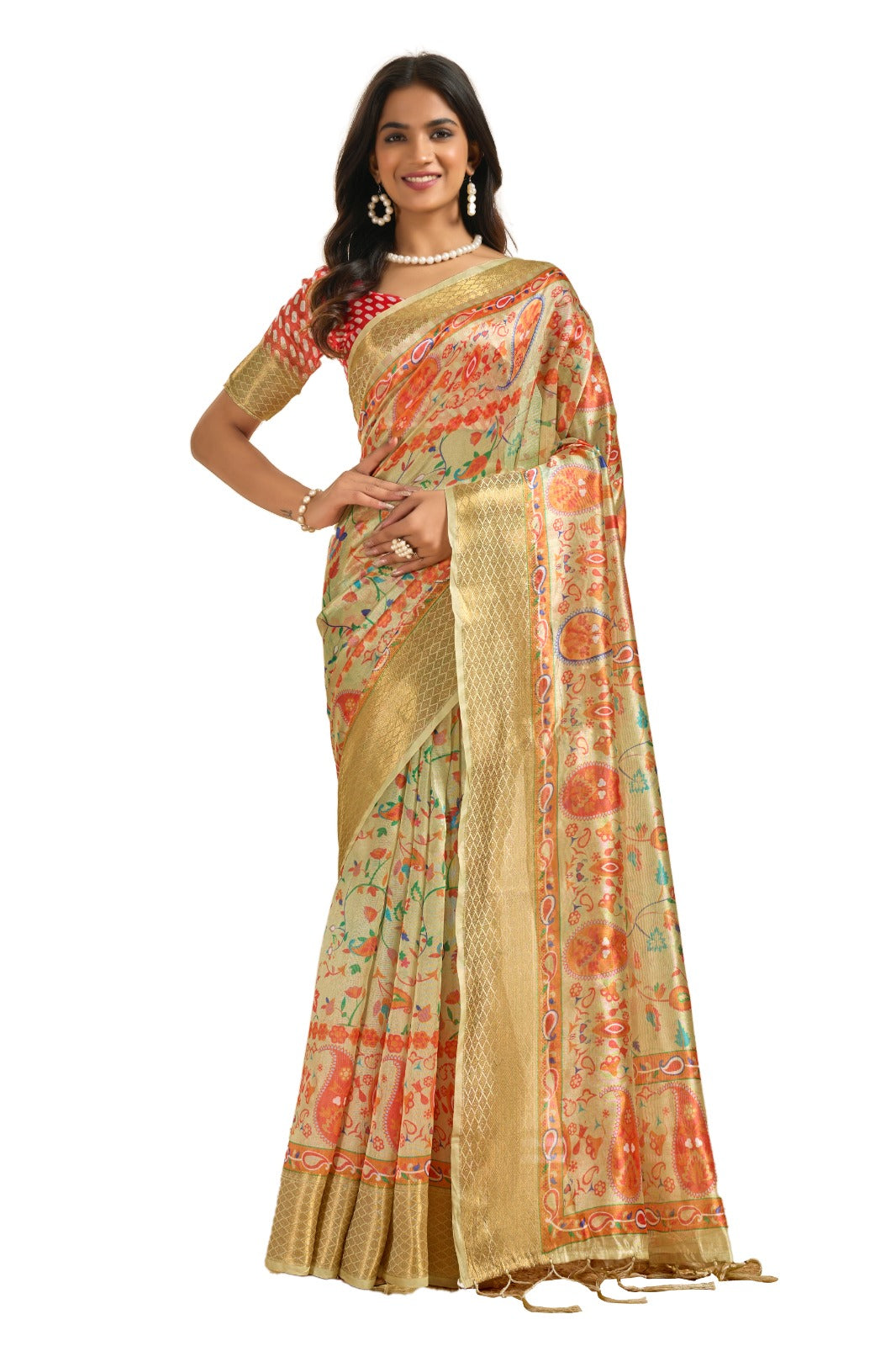 Soft Silk Saree with Traditional Paisley Floral Print and Zari Border