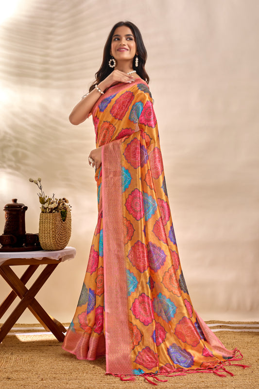 Vibrant Soft Silk Blend Saree with Multicolor Woven Motifs