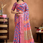 Pink-Blue Soft Silk Blend Saree with Geometric Motifs & Traditional Pallu