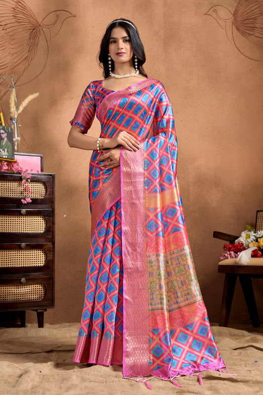 Pink-Blue Soft Silk Blend Saree with Geometric Motifs & Traditional Pallu