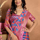 Pink-Blue Soft Silk Blend Saree with Geometric Motifs & Traditional Pallu