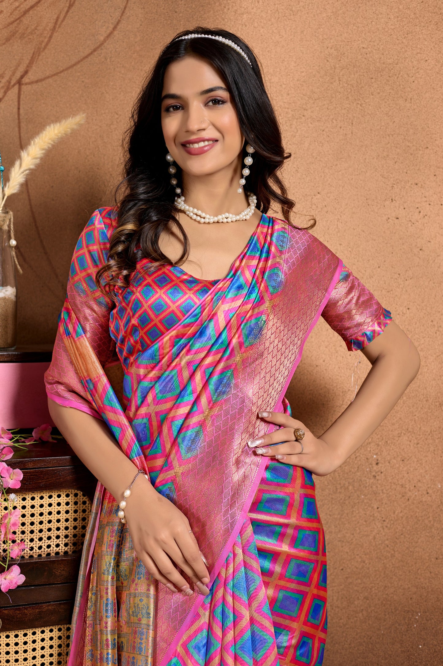 Pink-Blue Soft Silk Blend Saree with Geometric Motifs & Traditional Pallu
