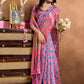 Pink-Blue Soft Silk Blend Saree with Geometric Motifs & Traditional Pallu