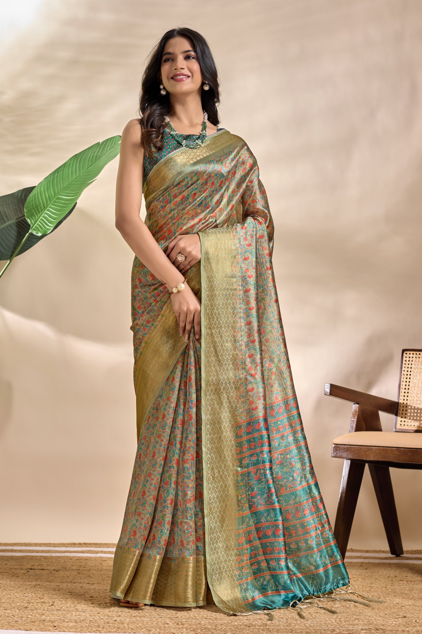 Olive-Green Soft Silk Blend Saree with Traditional Pallu & Floral Body